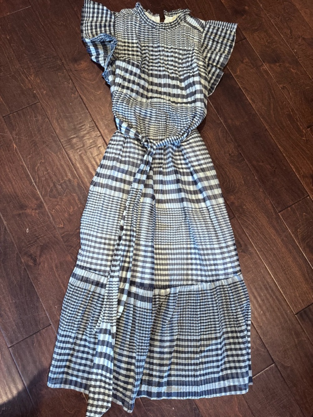 Marie Oliver Blue and White Gingham Maxi Dress with Tie Waist